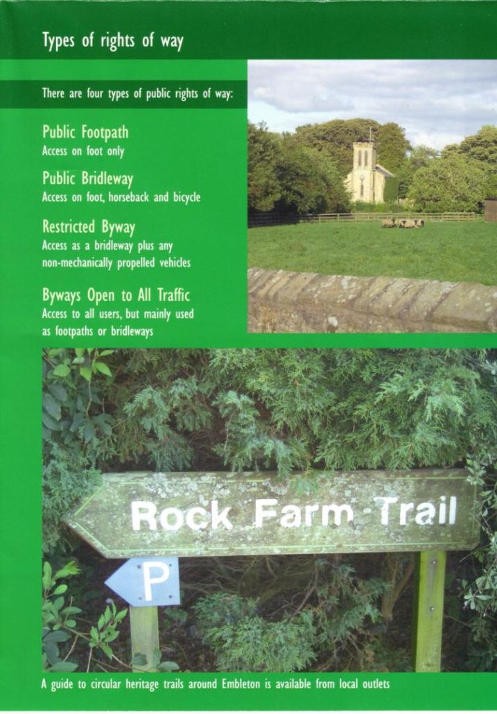 An informational poster with text describing four types of public rights of way: Public Footpath, Public Bridleway, Restricted Byway, and Byways Open to All Traffic. Images show a countryside path and a sign for "Rock Farm Trail.