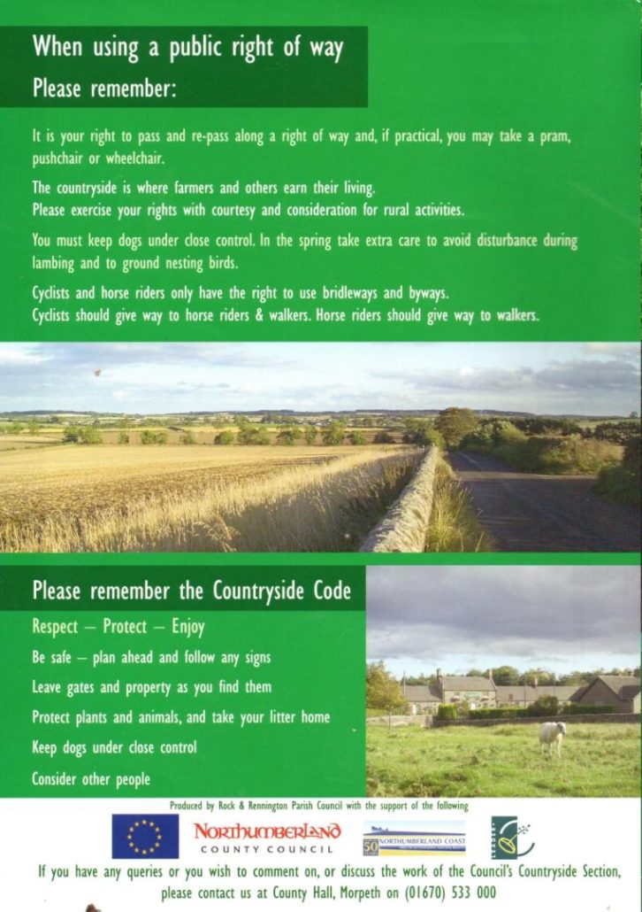 A countryside view with a path stretches into the distance. Text provides guidance on using public rights of way, focusing on control of dogs, and general countryside code, promoting safety, respect, and enjoyment. Contact information is included.